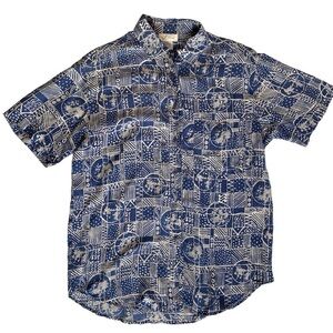 K Arnold 100% Silk Womens Blouse Size M Blue Batik Button Up Boho Indie Preppy